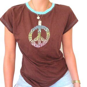 GREEN WEEKEND BAMBOO ECO FRIENDLY PEACE BROWN BLUE Y2K SHIRT TOO WOMENS SIZE XL